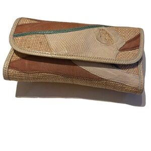 Vtg Carlos Falchi Tan Straw Snake Print Geometrical Boho Flat Underarm Purse Bag